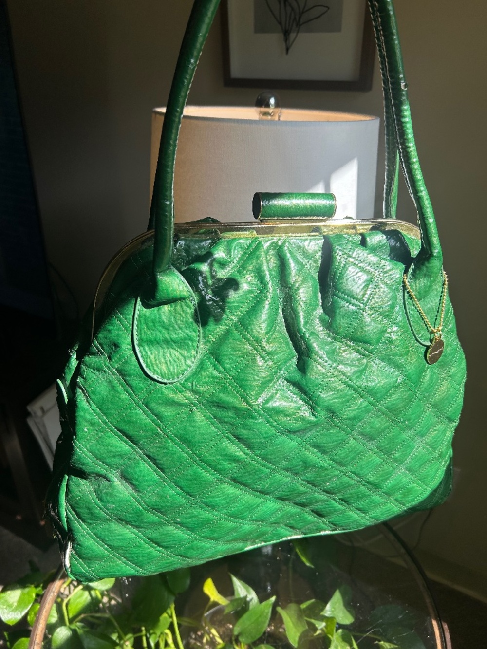 VINTAGE De Bosca Quilted Green Top Handle Bag Double Handles Kiss Lock Zip Inner